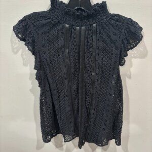 Express Women Black Lace w Faux Leather detail / Mock Neck Flutter Sleeve SZ: L